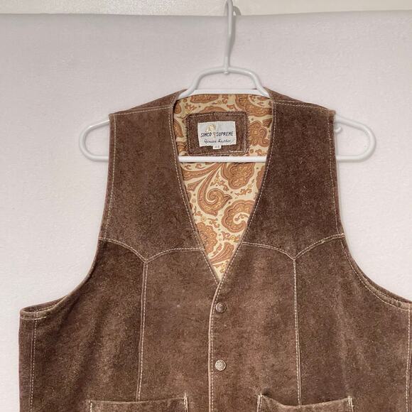 Simco Supreme Genuine Leather Vest Mens Size 46 Brown 4 Snaps Paisley Lined USA - Picture 12 of 12